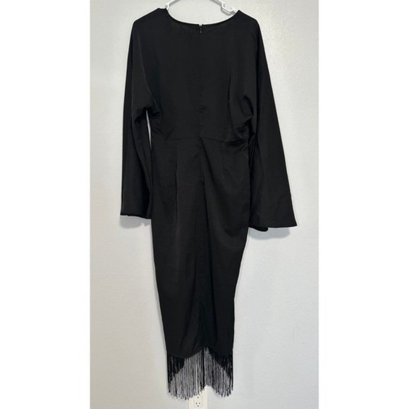Boohoo Black Satin Long Sleeve Fringe Wrap Maxi Dress UK 14 US 10 - Picture 4 of 12